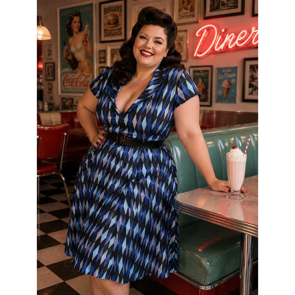 Pinup Couture Harlequin Diamond Print Swing Dress Blue Black Grey 2X Retro 50s